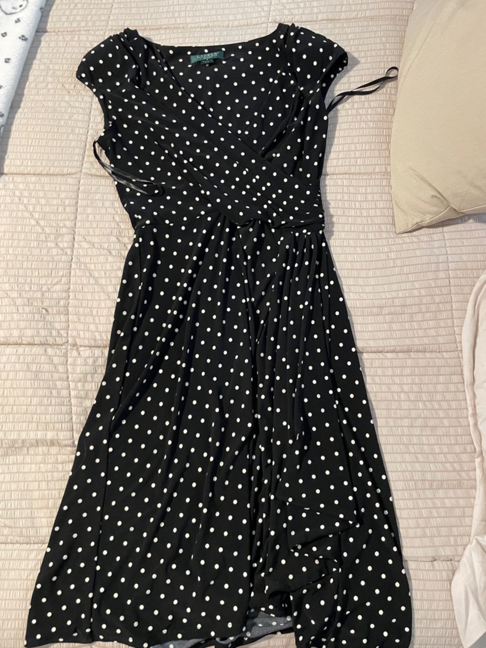 Polka Dot Ralph Lauren Black White Wrap Midi Dress Shoulder pads size 8 Trendy